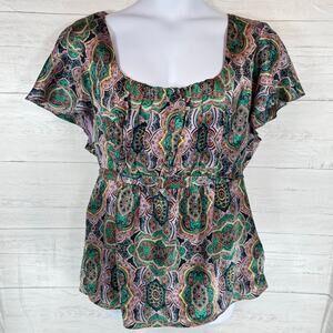 Lane Bryant‎ 22/24 plus satin purple paisley babydoll blouse career academia tie